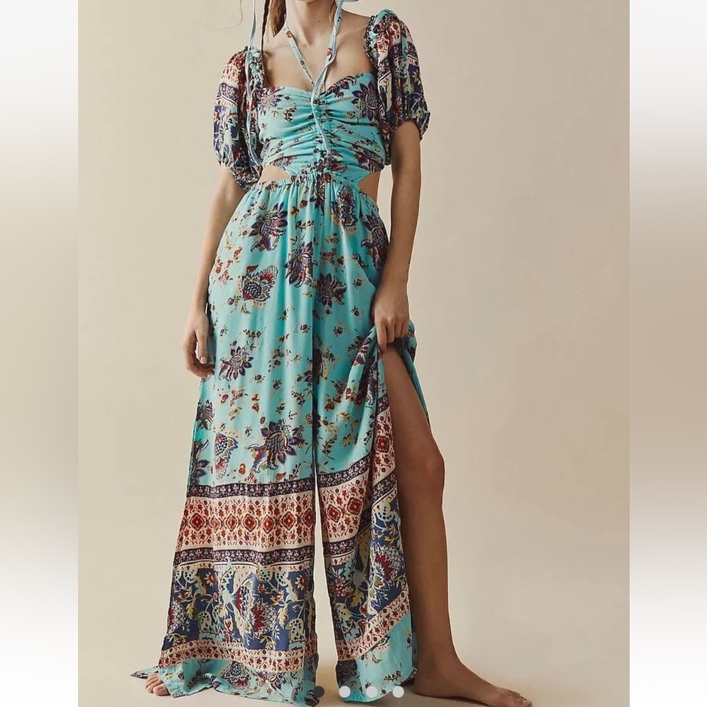 Free People Turquoise Floral Cutout Jumpsuit Romper